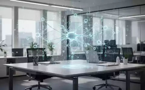Modernes Büro mit digitalen KI-Visualisierungen und binärem Code, die über einem Schreibtisch schweben. - Foto: über boerse-global.de