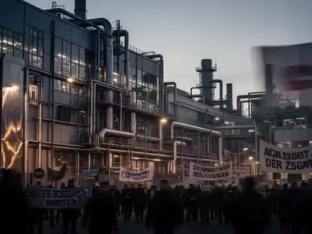 Protestierende Beschäftigte vor dem Audi-Werkstor in Neckarsulm vor dem Hintergrund moderner Produktionsanlagen. - Foto: über boerse-global.de