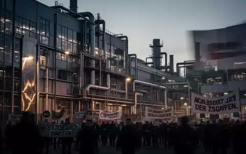Protestierende Beschäftigte vor dem Audi-Werkstor in Neckarsulm vor dem Hintergrund moderner Produktionsanlagen. - Foto: über boerse-global.de