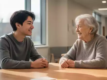 Ein junger Erwachsener und eine ältere Person sitzen gemeinsam an einem Tisch und führen ein freundliches Gespräch. - Foto: über boerse-global.de