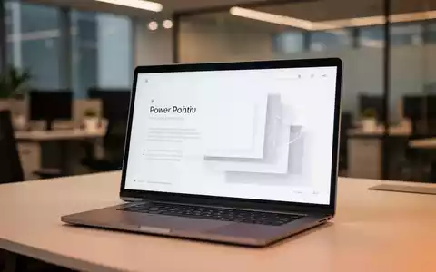 Modernes Laptop mit minimalistischer PowerPoint-Oberfläche und geschichteten Designelementen in einem professionellen Arbeitsbereich. - Foto: über boerse-global.de