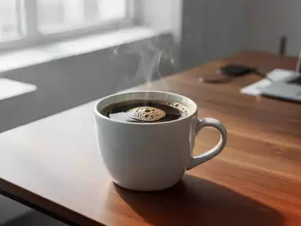 Eine dampfende Tasse schwarzer Kaffee auf einem modernen Schreibtisch in einer hellen, professionellen Büroumgebung. - Foto: über boerse-global.de