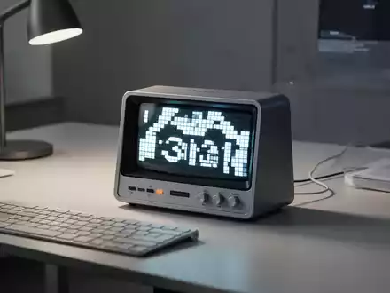 Ein retro-gestaltetes 3-in-1-Produktivitätsgerät mit Pixel-Art-Display auf einem modernen, aufgeräumten Schreibtisch. - Foto: über boerse-global.de