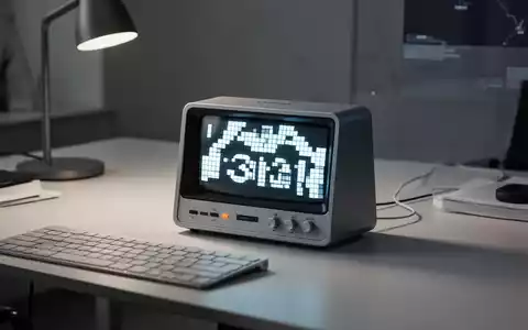 Ein retro-gestaltetes 3-in-1-Produktivitätsgerät mit Pixel-Art-Display auf einem modernen, aufgeräumten Schreibtisch. - Foto: über boerse-global.de
