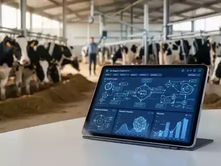 Tablet mit Datenanalysesoftware auf einem Hightech-Milchviehbetrieb, Kühe im Hintergrund. - Foto: über boerse-global.de