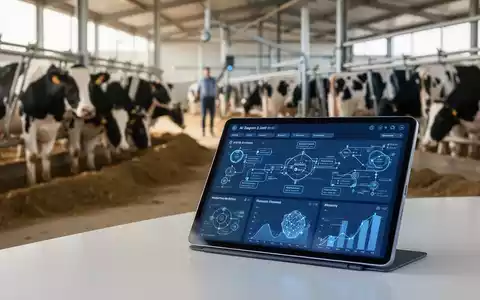 Tablet mit Datenanalysesoftware auf einem Hightech-Milchviehbetrieb, Kühe im Hintergrund. - Foto: über boerse-global.de