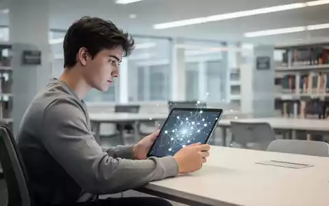 Ein Schüler arbeitet konzentriert an einem Tablet in einer modernen Bibliothek, umgeben von digitaler Lernumgebung. - Foto: über boerse-global.de