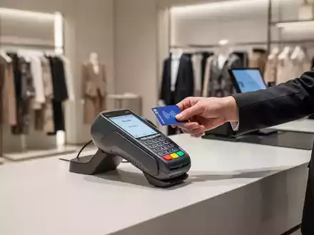 Kunde an einem modernen Bezahlterminal in einem Bekleidungsgeschäft während des Bezahlvorgangs. - Foto: über boerse-global.de
