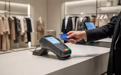 Kunde an einem modernen Bezahlterminal in einem Bekleidungsgeschäft während des Bezahlvorgangs. - Foto: über boerse-global.de