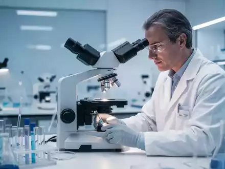 Wissenschaftler bei der Arbeit an einem Mikroskop in einem modernen medizinischen Forschungslabor. - Foto: über boerse-global.de