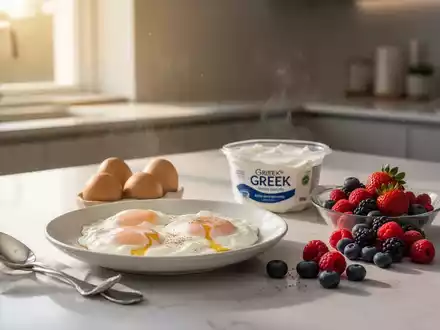 Ein gesundes, proteinreiches Frühstück mit Eiern, Joghurt und Beeren auf einem modernen Küchentisch im Morgenlicht. - Foto: über boerse-global.de