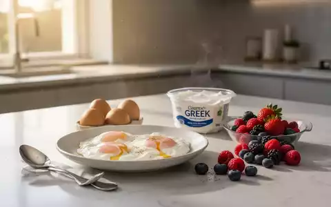 Ein gesundes, proteinreiches Frühstück mit Eiern, Joghurt und Beeren auf einem modernen Küchentisch im Morgenlicht. - Foto: über boerse-global.de