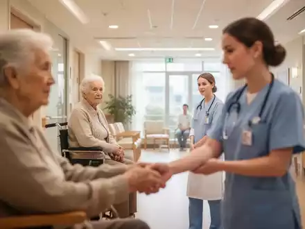 Eine pflegende Person hält die Hand eines älteren Menschen in einer hellen, professionellen Pflegeeinrichtung. - Foto: über boerse-global.de