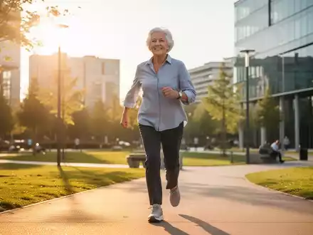 Eine aktive ältere Person beim zügigen Gehen in einem sonnigen Park zur Förderung der kognitiven Gesundheit. - Foto: über boerse-global.de