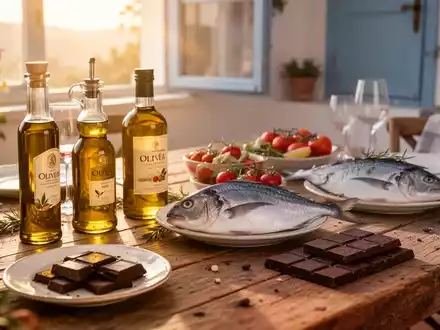 Ein gedeckter Tisch mit mediterranen Lebensmitteln wie Olivenöl, Fisch und dunkler Schokolade in hellem Sonnenlicht. - Foto: über boerse-global.de