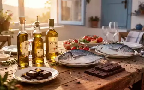 Ein gedeckter Tisch mit mediterranen Lebensmitteln wie Olivenöl, Fisch und dunkler Schokolade in hellem Sonnenlicht. - Foto: über boerse-global.de
