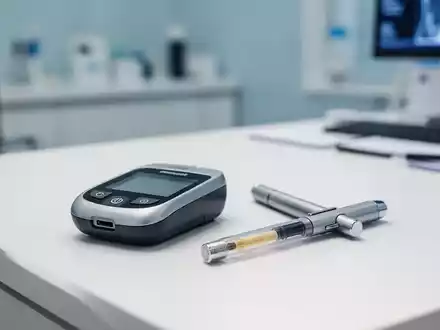 Digitales BlutzuckermessgerĂ€t und Insulin-Pen auf einem modernen medizinischen Arbeitstisch. - Foto: ĂŒber boerse-global.de