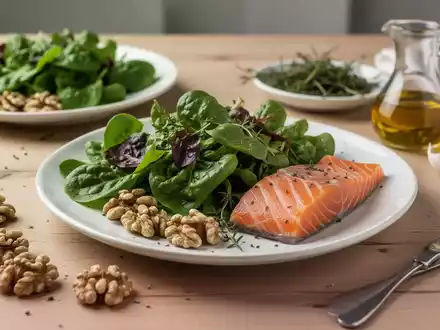 Gesunde mediterrane Ernährung mit grünem Blattgemüse, Nüssen und Lachs auf einem Holztisch als Symbol für Ernährungstherapie. - Foto: über boerse-global.de