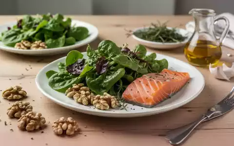 Gesunde mediterrane Ernährung mit grünem Blattgemüse, Nüssen und Lachs auf einem Holztisch als Symbol für Ernährungstherapie. - Foto: über boerse-global.de