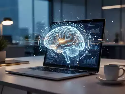 Modernes Büro mit Laptop und digitaler KI-Visualisierung als Symbol für den Strukturwandel bei Juniorstellen. - Foto: über boerse-global.de