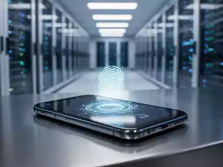 Modernes Smartphone mit biometrischer Sicherheitsoberfläche auf einem professionellen Schreibtisch mit Serverraum-Hintergrund. - Foto: über boerse-global.de