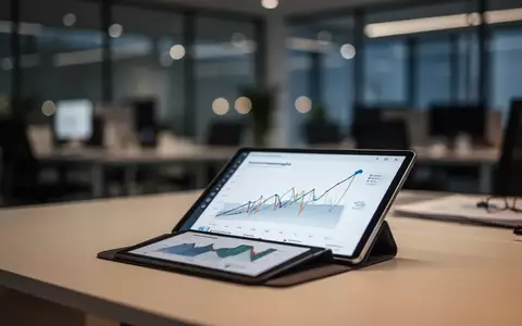 Ein moderner, leicht abgedunkelter Büroraum mit einem Tablet, das abstrakte Wirtschaftsdiagramme zeigt. - Foto: über boerse-global.de