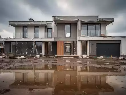 Modernes Wohngebäude nach einem Hochwasser mit Fokus auf Instandsetzung und steuerliche Aspekte. - Foto: über boerse-global.de