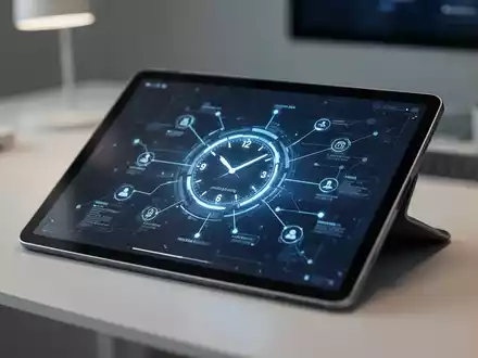 Ein Tablet zeigt eine digitale Uhr und ein Netzwerkdiagramm als Symbol für zeitbasierten Dienstleistungsaustausch. - Foto: über boerse-global.de