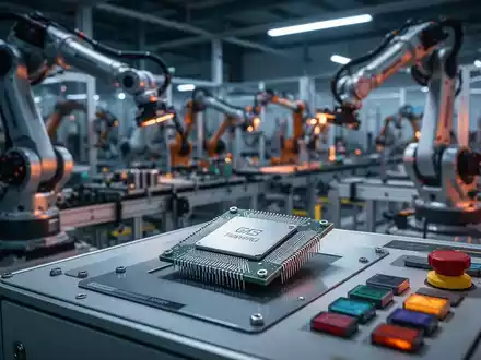 Hochtechnologisches industrielles Embedded-Prozessormodul auf einem Smart-Factory-Bedienfeld mit Roboterarmen im Hintergrund. - Foto: über boerse-global.de