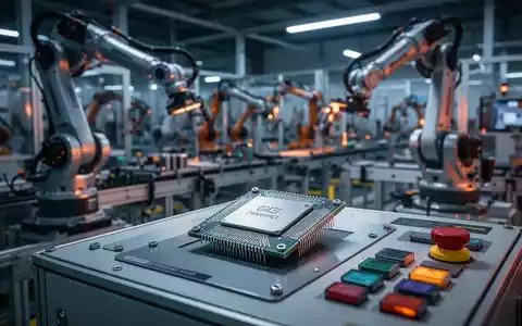 Hochtechnologisches industrielles Embedded-Prozessormodul auf einem Smart-Factory-Bedienfeld mit Roboterarmen im Hintergrund. - Foto: über boerse-global.de