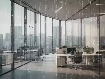Modernes Bürogebäude mit digitaler Datenüberlagerung als Symbol für KI-Regulierung und Transparenz. - Foto: über boerse-global.de