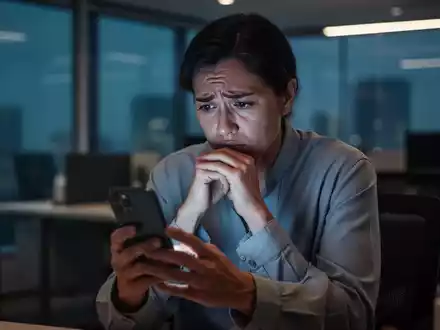 Eine besorgt wirkende Person schaut in einem abgedunkelten Raum auf ein Smartphone, das ein diffuses Licht auf das Gesicht wirft. - Foto: über boerse-global.de