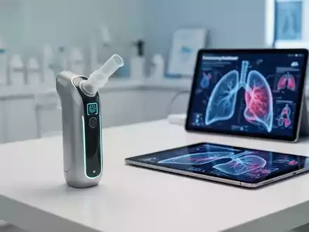 Ein moderner Inhalator und ein Tablet mit medizinischen Grafiken auf einem sauberen Schreibtisch in einer Arztpraxis. - Foto: über boerse-global.de