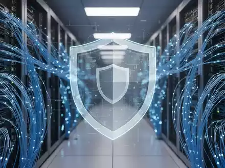 Hochtechnologischer Serverraum mit blauen Leuchten und digitalem Sicherheitsschild für Cybersicherheit. - Foto: über boerse-global.de