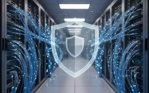 Hochtechnologischer Serverraum mit blauen Leuchten und digitalem Sicherheitsschild für Cybersicherheit. - Foto: über boerse-global.de