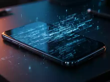 Ein modernes Smartphone auf einem dunklen Schreibtisch mit abstrakten digitalen Code-Projektionen auf dem Bildschirm. - Foto: über boerse-global.de