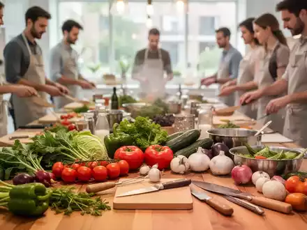 Menschen bei einem Kochkurs in einer hellen Lehrküche mit frischem Gemüse und Küchenutensilien auf dem Tisch. - Foto: über boerse-global.de