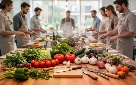 Menschen bei einem Kochkurs in einer hellen Lehrküche mit frischem Gemüse und Küchenutensilien auf dem Tisch. - Foto: über boerse-global.de