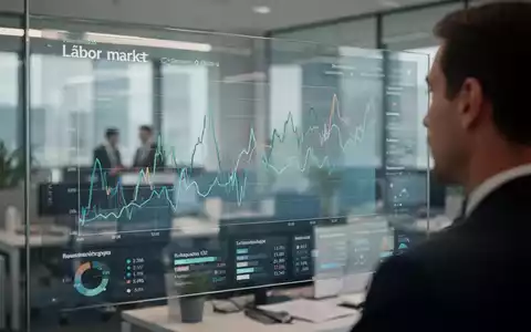 Eine Person betrachtet komplexe Arbeitsmarktdaten auf einem digitalen Bildschirm in einem modernen Büro. - Foto: über boerse-global.de