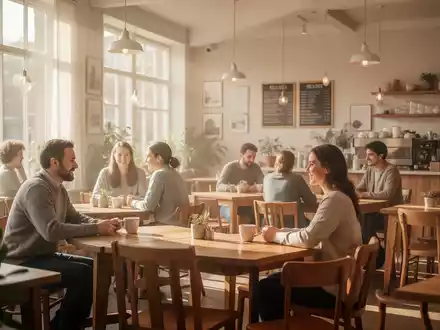 Ein helles, einladendes Café mit Sitzgelegenheiten, das einen Raum für soziale Begegnungen und Austausch bietet. - Foto: über boerse-global.de
