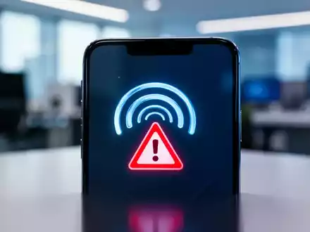 Nahaufnahme eines Smartphone-Bildschirms mit einem Mobilfunksignal-Warnsymbol. - Foto: über boerse-global.de
