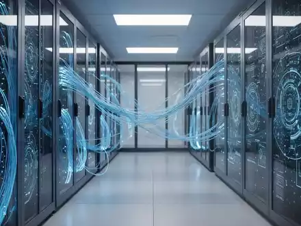 Moderner Serverraum mit leuchtenden Glasfaserkabeln und abstrakter Datenvisualisierung, die fortschrittliche KI-Infrastruktur darstellt. - Foto: über boerse-global.de
