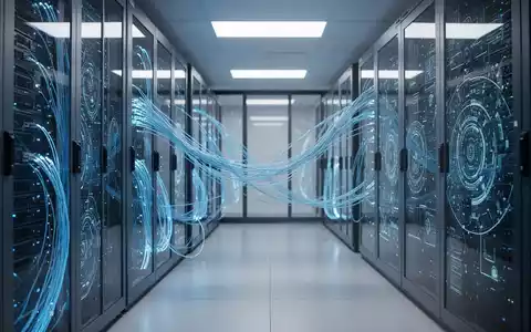 Moderner Serverraum mit leuchtenden Glasfaserkabeln und abstrakter Datenvisualisierung, die fortschrittliche KI-Infrastruktur darstellt. - Foto: über boerse-global.de
