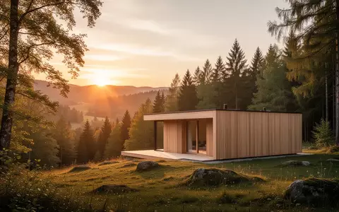 Eine moderne Holzhütte in einer friedlichen Waldlandschaft während des Sonnenuntergangs als Symbol für nachhaltigen Urlaub. - Foto: über boerse-global.de