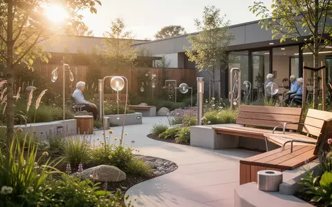 Ein heller, zugänglicher therapeutischer Garten mit Sitzgelegenheiten und Grünflächen für die Demenzpflege. - Foto: über boerse-global.de