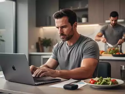 Ein fokussierter Mann arbeitet an einem Laptop in einer modernen Umgebung, während im Hintergrund gesundes Essen vorbereitet wird. - Foto: über boerse-global.de