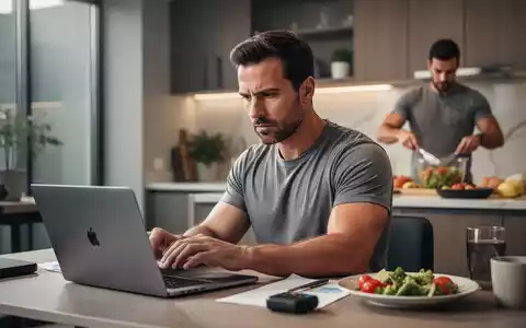 Ein fokussierter Mann arbeitet an einem Laptop in einer modernen Umgebung, während im Hintergrund gesundes Essen vorbereitet wird. - Foto: über boerse-global.de