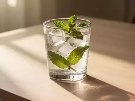Ein Glas frisches Wasser mit Eiswürfeln und Minze auf einem hellen Holztisch bei sommerlichem Sonnenlicht. - Foto: über boerse-global.de