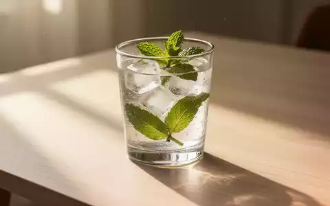 Ein Glas frisches Wasser mit Eiswürfeln und Minze auf einem hellen Holztisch bei sommerlichem Sonnenlicht. - Foto: über boerse-global.de