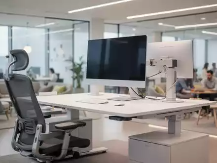 Moderner, ergonomisch gestalteter Büroarbeitsplatz mit höhenverstellbarem Schreibtisch und hochwertigem Bildschirm. - Foto: über boerse-global.de